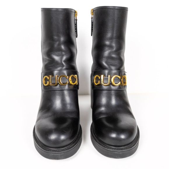 GUCCI Black Leather Cara Big Logo Chunky Heeled Bootie Mid Calf Women's EU 38 - Picture 7 of 11